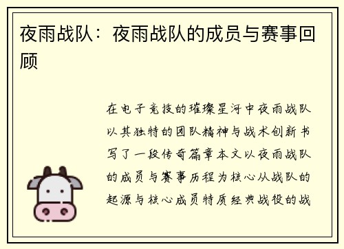 夜雨战队：夜雨战队的成员与赛事回顾