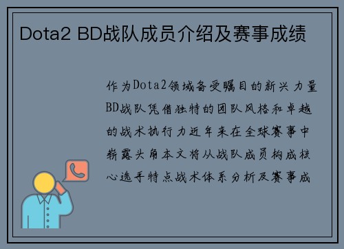 Dota2 BD战队成员介绍及赛事成绩