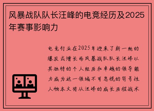 风暴战队队长汪峰的电竞经历及2025年赛事影响力